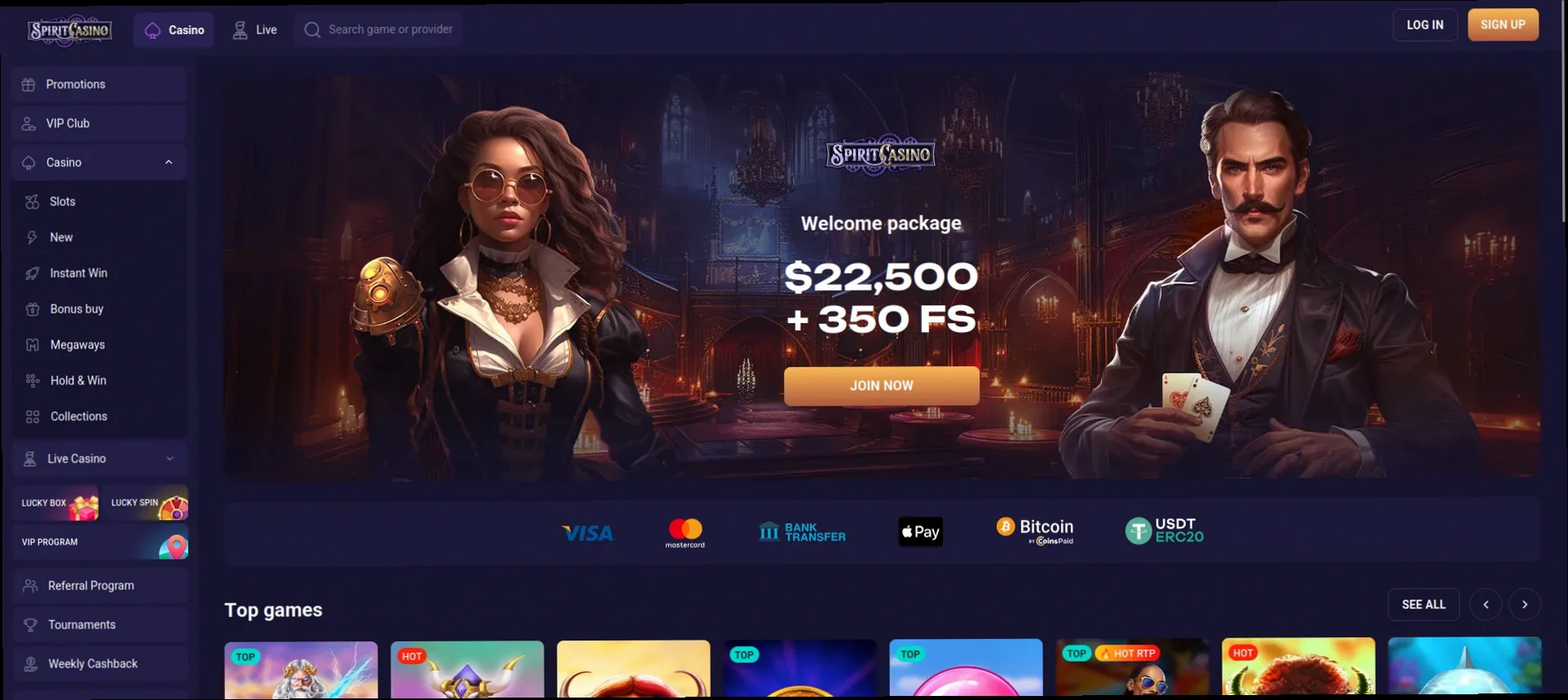 Spirit Casino 100% up to 22,500 CAD + 350 Free Spins